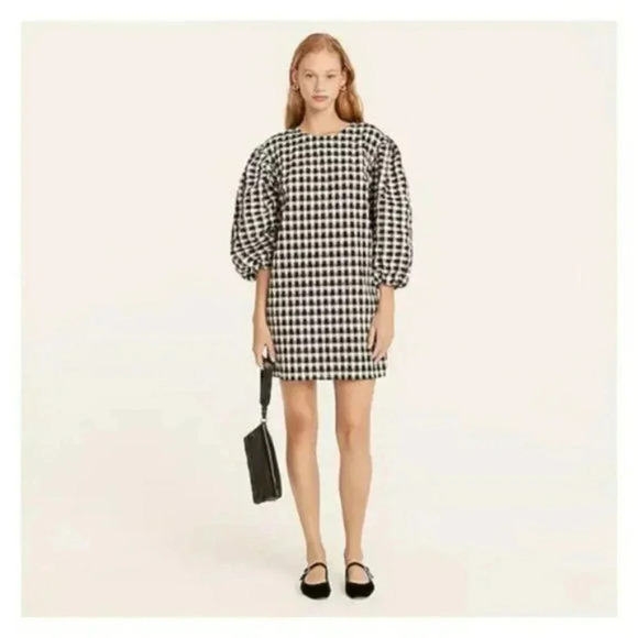 J. Crew Size XS Black and White Puff-Sleeve Mini Dress in Textured Plaid NEW! - Picture 1 of 10